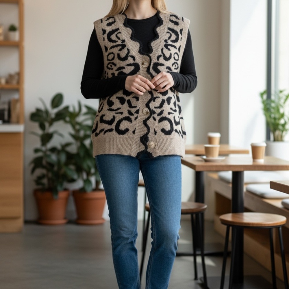 Leopard Print Sleeveless Sweater Vest